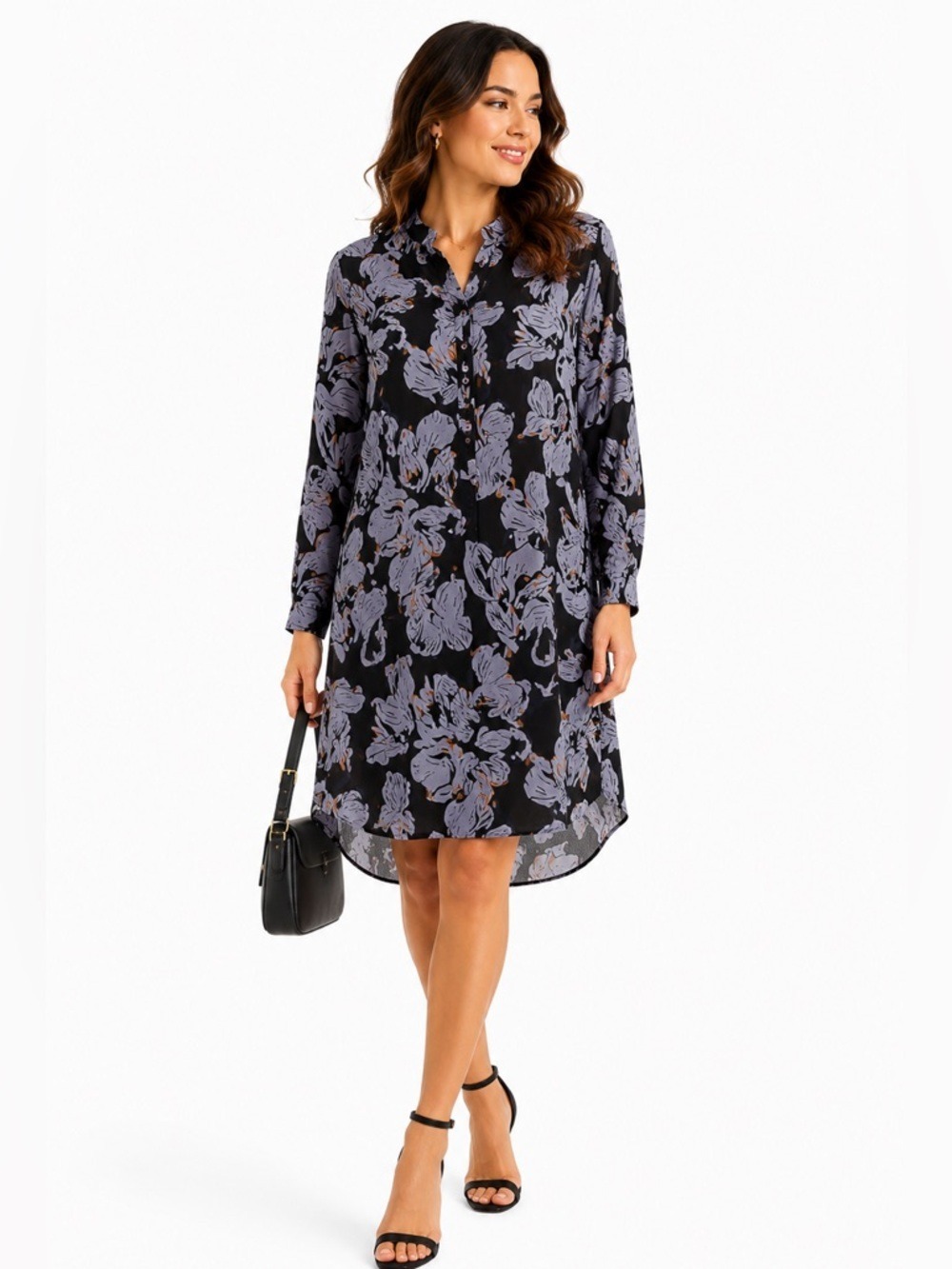 ICHI Women's Med Sheath T-Shirt Dress Black Grey Floral Tie Neck Long Sleeve